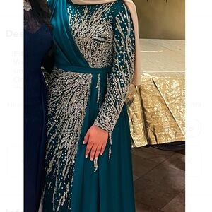 Beautiful beaded modest couture dress with satin side skirt